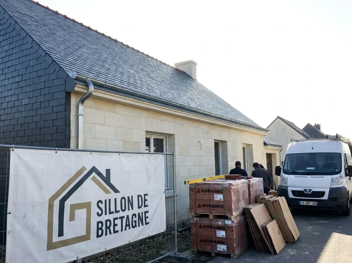 Maison en tuffeau couverte en ardoise naturelle à Couëron, bâche Sillon de Bretagne sur la clôture du chantier